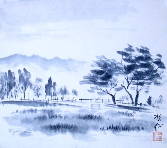 【真作】絵画　墨彩（色紙）　山水画　風雅な墨の世界　伝統技法の一作　W89 真作】絵画 墨彩（色紙） 山水画 風雅な墨の世界 伝統技法の一作
