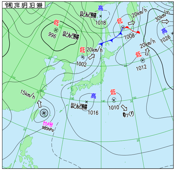 8月3日 南高北低の夏型 沖縄奄美台風 今日の天気図