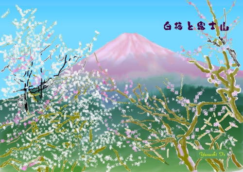 パソコンで描く　「岩本山公園の白梅と富士山」