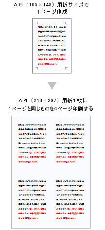 【Word】Ａ６で作成した１ページと同じものを１枚のＡ４に４ページ印刷する