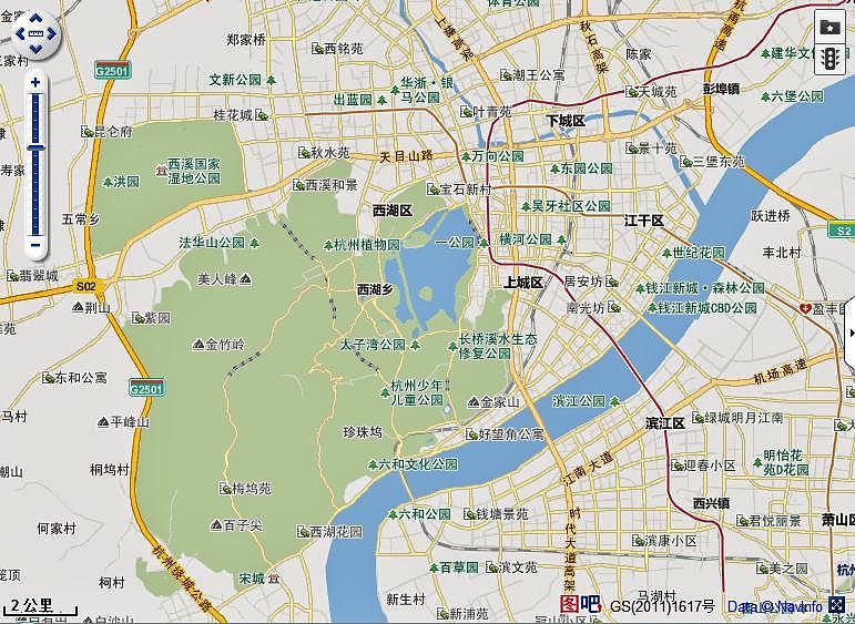 杭州中心部の地図、真ん中に西湖、南側に銭塘江流れる 杭州中心部の地図、真ん中に西湖、南側に銭塘江流れる