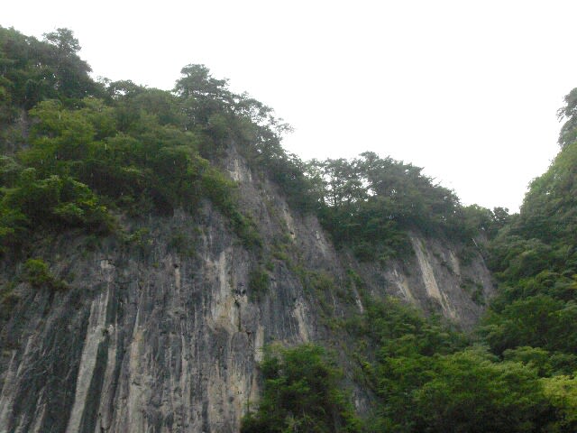 猊鼻渓：渓谷の上を見れば１００ｍの断崖絶壁