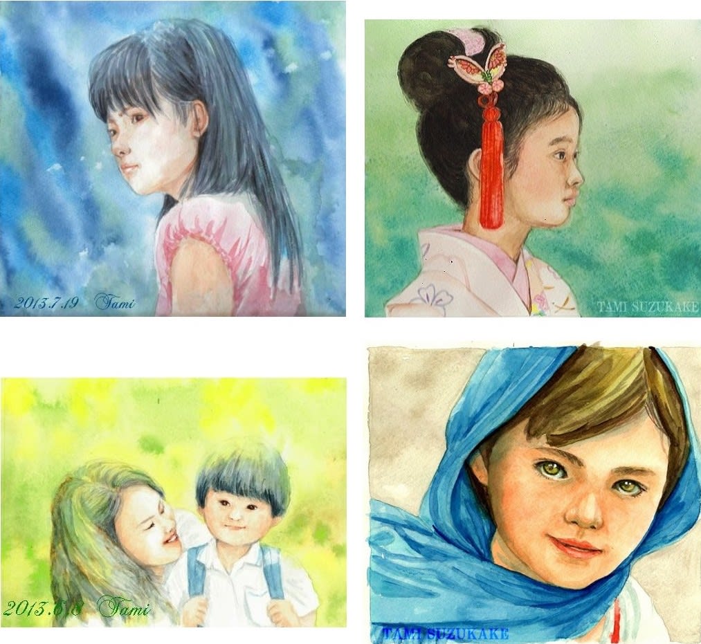 絵画販売 水彩画原画 思春期 初恋 青いヒジャブの少女 ママとボク アトリエ ｔａｍｉ 絵画販売と水彩のメイキング