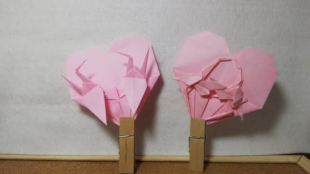 折り紙アレンジ ハートと鶴のつがい 展開図込の簡略版とアレンジ鶴版と 作ってみたらできてしまった系です笑 ペーパークラフト 折り紙技術 アマチュア 人生の素人 折師 の記録 ゲームネタプレイ