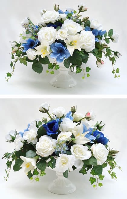 青のアネモネと白のバラ アートフラワー 造花 アレンジ 造花のココーフラワー横浜社長ブログ