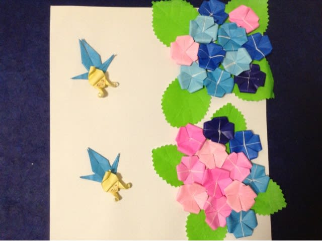 折りメルアート 紫陽花と雨粒妖精 折鶴からメルヘンアート O 無断転載ご遠慮下さいませ