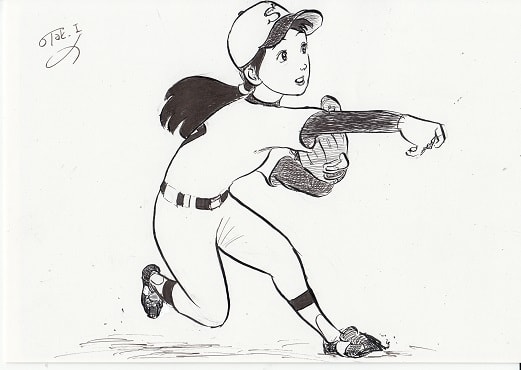 女子野球マンガイラスト２３ サード ファーストへ送球 Baseball Girl Illustration 23 スケッチ貯金箱