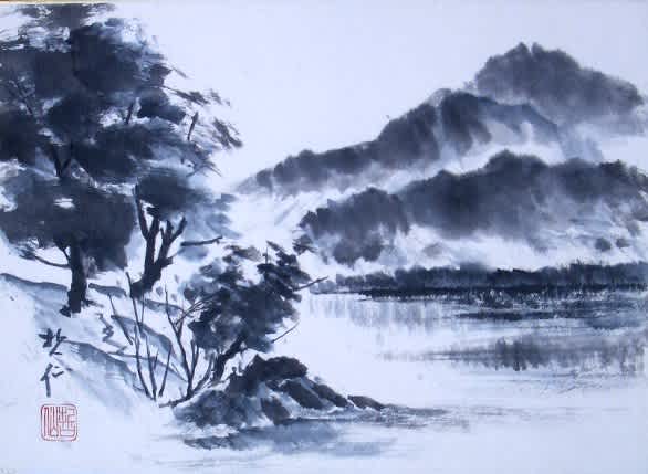 冬の風景 水墨画 No.18「雪景色」を水墨画で描いてみましょう。 - YouTube
