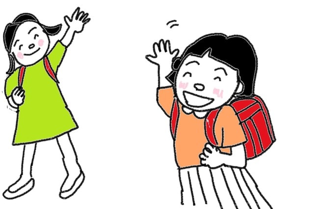 わたしの一日 声をかけます 手を振ります スーザンの日本語教育 手描きイラスト