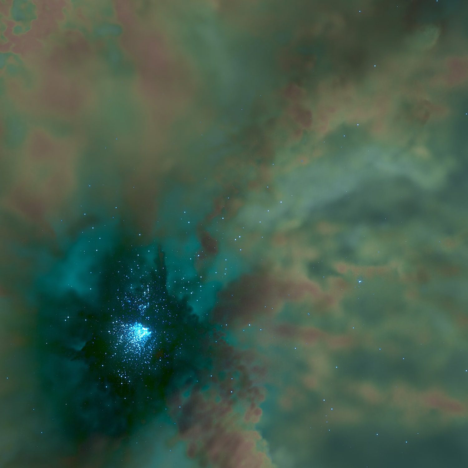 図1．シミュレーションで再現された形成中の球状星団。左下の青白い点一つ一つが星団の星を表し、その周りの“もや”は星間ガスを表す。色は温度を表していて、暗い部分が温度の低い星間ガス（分子雲）、明るい部分が温度の高い星間ガスを表す。可視化：武田隆顕（ヴェイサエンターテイメント株式会社）。（Credit: 藤井通子、武田隆顕）