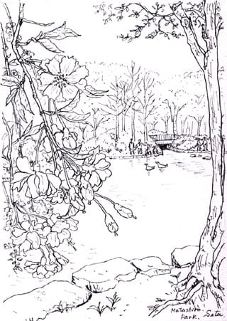 松代公園のしだれ桜 おさんぽスケッチ にじいろアトリエ 水彩 色鉛筆イラスト スケッチ