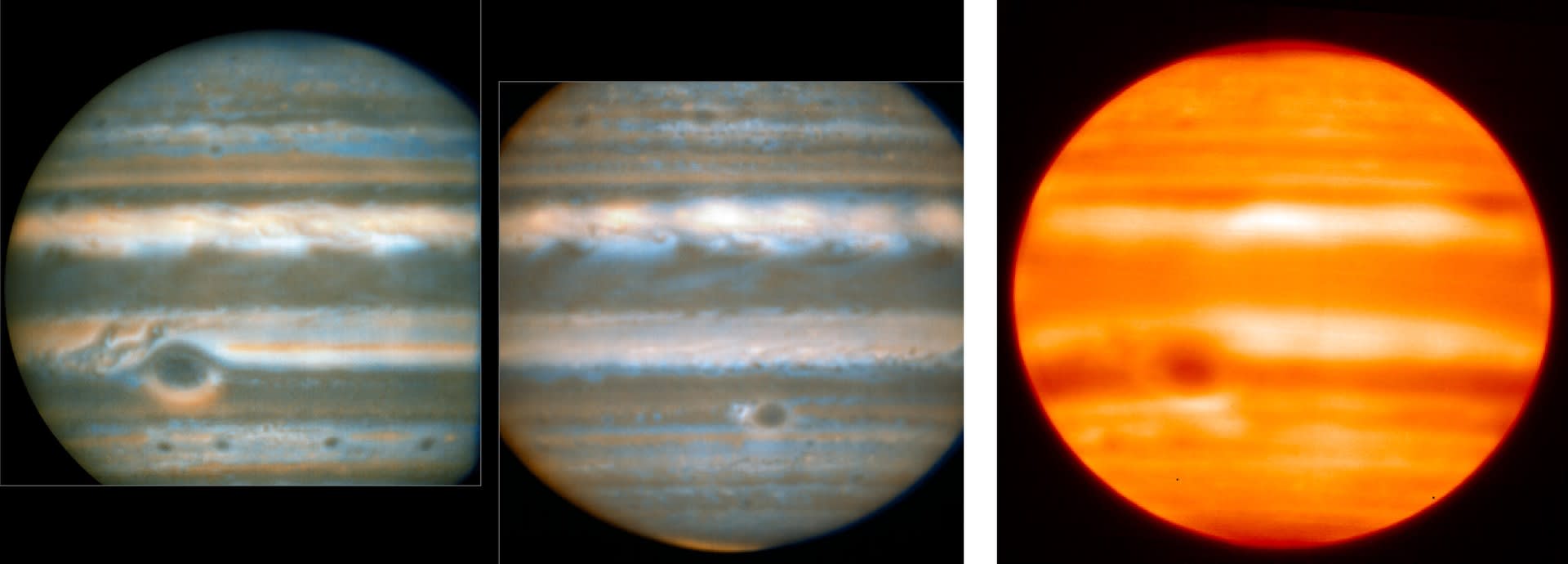 図1．木星の赤外線画像。左側の2枚は、それぞれ2016年2月と3月に超大型望遠鏡“VLT”で撮られた波長8.6ミクロンと10.7ミクロンの画像を合成したもの。色は雲の状態と温度を反映している。暗くなっている領域は寒く曇っていて、明るい領域は暖かく雲がない。右側の1枚は、すばる望遠鏡の中間赤外観測装置“COMICS”で2019年に撮影した波長18ミクロンの画像。（Credit: ESO / L.N. Fletcher, NAOJ）