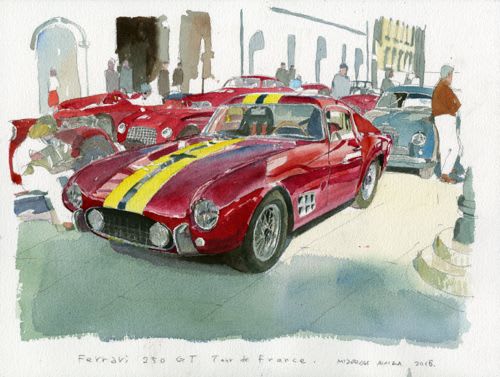 ミッレミリアの風景 水彩画 フェラーリ250GT LWB - sportscar