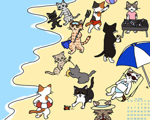 ７月壁紙カレンダー 夏だニャ海だニャ 猫と千夏とエトセトラ