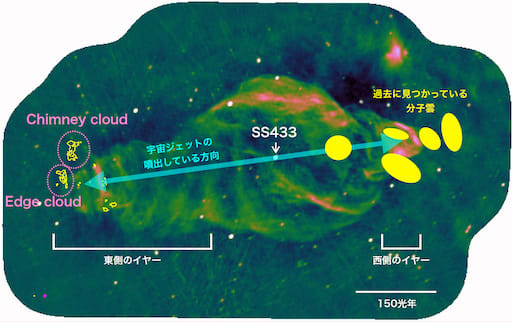 図1．X線連星“SS433”（画像中央）とその周辺を取り囲む電波星雲“W50”のイメージ図。黄色の楕円で示される領域では過去に分子雲が発見されている。黄色のコントアで示されているのが今回の研究で発見された新たな分子雲。（Credit: 鹿児島大学）