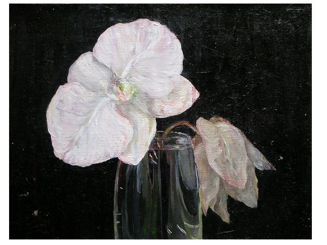 油絵１３ コップに挿した白い蘭 背景黒 Colors Of Breath
