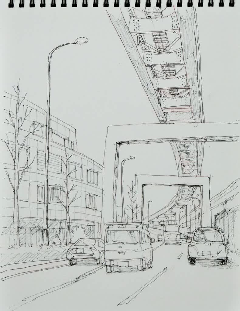 見上げればモノレール の絵です どろ亀のプロムナード