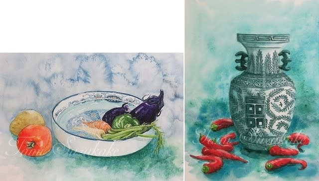 絵画販売・水彩・原画「夏野菜」「赤唐辛子と壺」 - アトリエ・ＴＡＭＩ 絵画販売と水彩のメイキング
