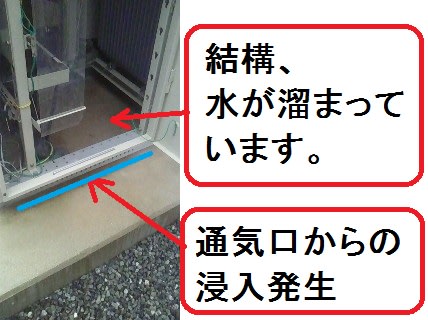 雨のキュービクルの下側は結構濡れいています 電管太郎