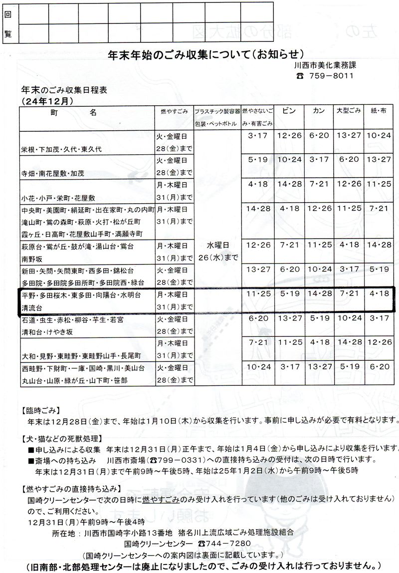 年末年始のごみ収集について お知らせ 川西市平野自治会ブログ