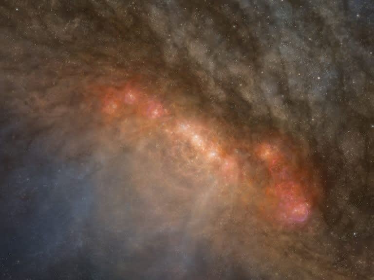 図1．今回の研究で得られた知見に基づくスターバースト銀河“  NGC 253 ”のイメージ図。（Credit: ALMA (ESO/NAOJ/NRAO)）