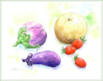 イタリアなすと夏野菜 おさんぽスケッチ にじいろアトリエ 水彩 色鉛筆イラスト スケッチ