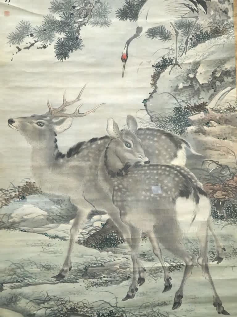 品質検査済 Painting 神の使い 鹿 原画 Deer アート 蓮の花 シカ 絵画 タペストリ Alrc Asia
