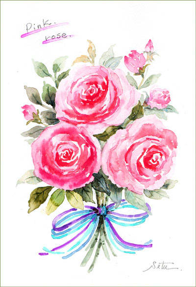 ピンク色のバラ 花束 おさんぽスケッチ にじいろアトリエ 水彩 色鉛筆イラスト スケッチ