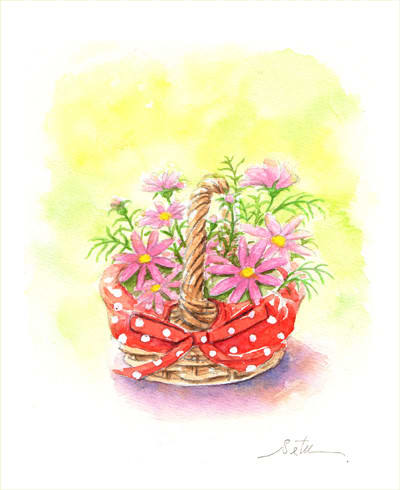 小さなカゴの花 おさんぽスケッチ にじいろアトリエ 水彩 色鉛筆イラスト スケッチ