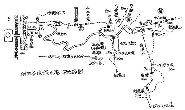 比良の地図 明王谷流域滝の概略図 滋賀県 京都府とその周辺の山と滝