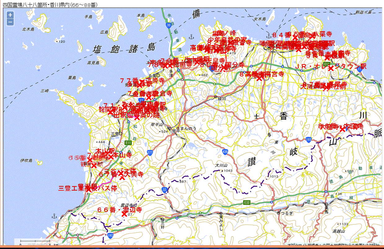四国霊場八十八箇寺 香川県 寺の位置関係の地図 相川哲弥の観光案内 登山案内 地図つき