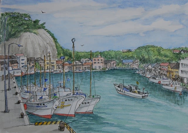 水彩画「北条湾」 Simple! Sea] I drew a simple watercolor of the sea in