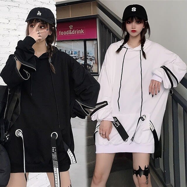 袖ジップ パーカー ストラップ オーバーサイズ 韓国ファッション レディース ストリート系 おすすめショッピング
