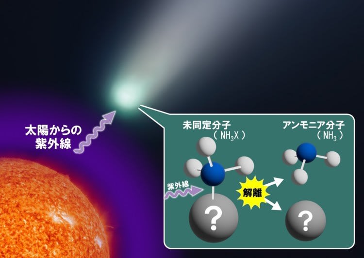 図2．彗星コマ中で光解離によりアンモニア分子が生成されるイメージ。（Credit: 京都産業大学）