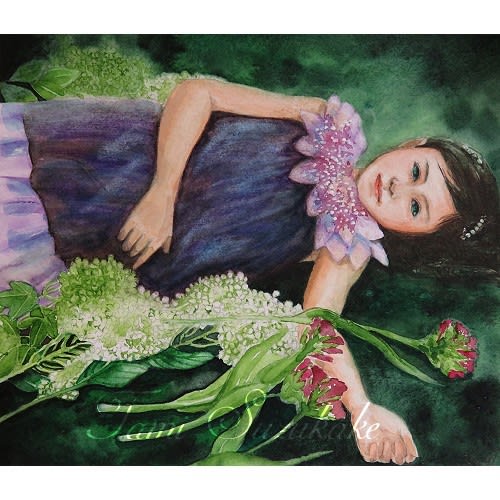 絵画販売 水彩 原画 紫陽花と少女 アトリエ ｔａｍｉ 絵画販売と水彩のメイキング