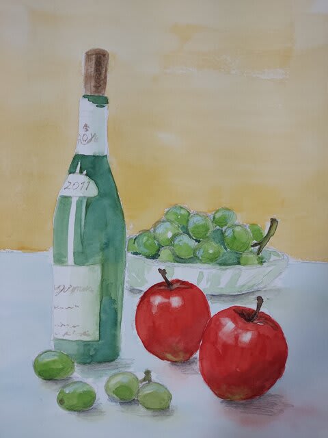 水彩画 ワインの瓶 - 知美の絵手紙