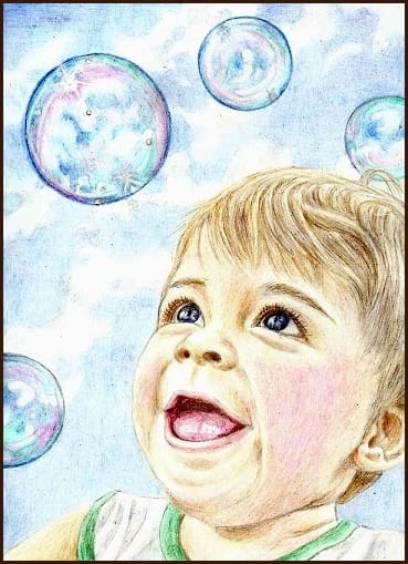 色鉛筆画４９１ 赤ちゃんとシャボン玉 一期一会の想いを込めて