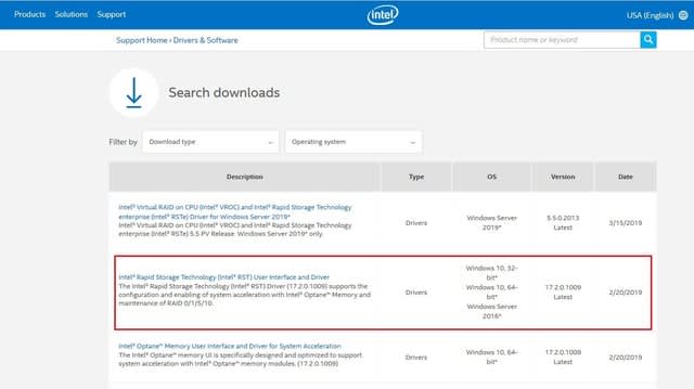 Intel Rapid Storage Technology バージョン 17.2.0.1009 が出ていました
