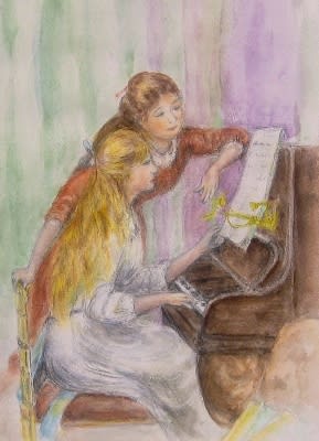 模写 ルノワール作 ピアノに寄る少女たち 古稀からの手習い 水彩ブログ