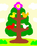 鳥が４羽とまった１本の木を描いたイラスト