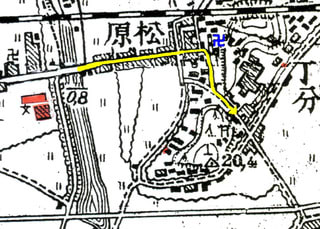 私の進路（福山空襲焼失家屋地図に黄色い矢印で示した）