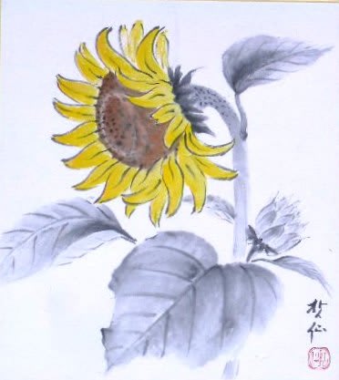 水墨画✦手描き✦ひまわり✦額付き 水墨画✦手描き✦ひまわり✦額付き