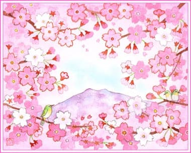 桜爛漫 筑波山 おさんぽスケッチ にじいろアトリエ 水彩 色鉛筆イラスト スケッチ
