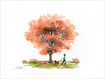 紅葉 犬のお散歩 おさんぽスケッチ にじいろアトリエ 水彩 色鉛筆イラスト スケッチ