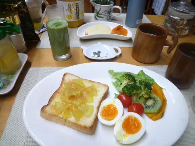 リンゴジャム付きトースト ゆで卵 野菜サラダで朝ごはん 野菜中心の食事は排便がスムーズです スローフードの朝ご飯 日々雑感 リンゴジャム付きトースト ゆで卵 野菜サラダで朝ごはん 野菜中心の食事は排便がスムーズです スローフードの朝ご飯 日々雑感