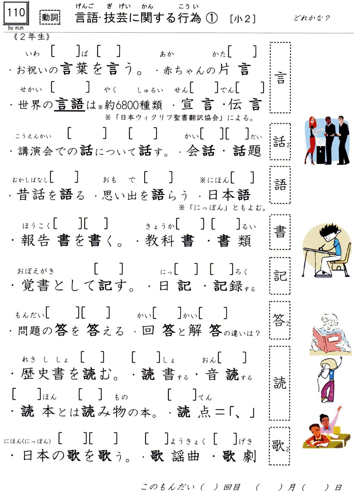 小学校漢字の読み 110 言語 技芸に関する行為 ２年 脳内の言語概念網は経験によって形成 やおよろずの神々の棲む国で