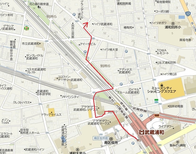 武蔵浦和駅西口から南区別所を歩く 咲いた万歩 武蔵浦和駅西口から南区別所を歩く 咲いた万歩