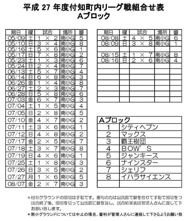 付知町軟式野球リーグ戦組み合わせ表 付知町軟式野球連盟