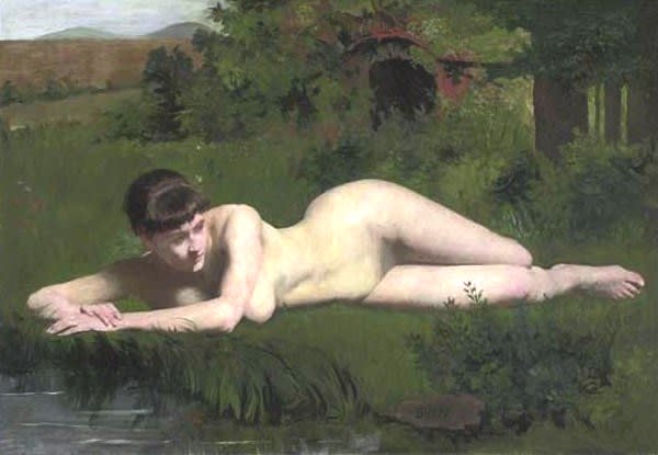 reclining nude on the riverbank【Frank Duveneck】