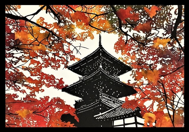 京都真如堂の紅葉」 切り絵 A3 - モーリの切り絵を楽しむ！！